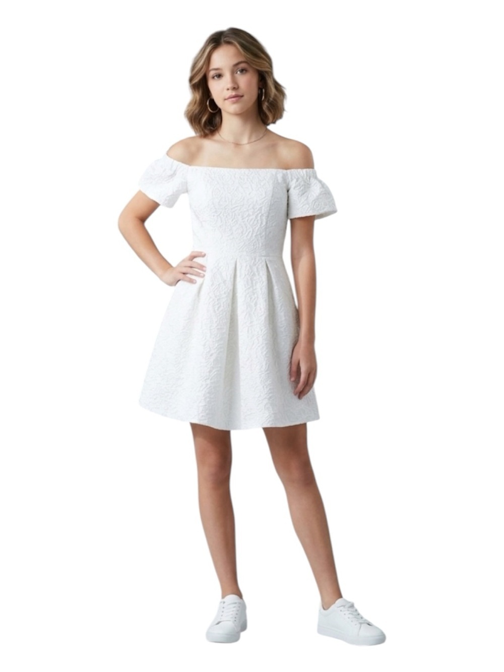 Luxxel White Off-Shoulder Textured Floral Scarlet Jacauard Dress With Pockets M